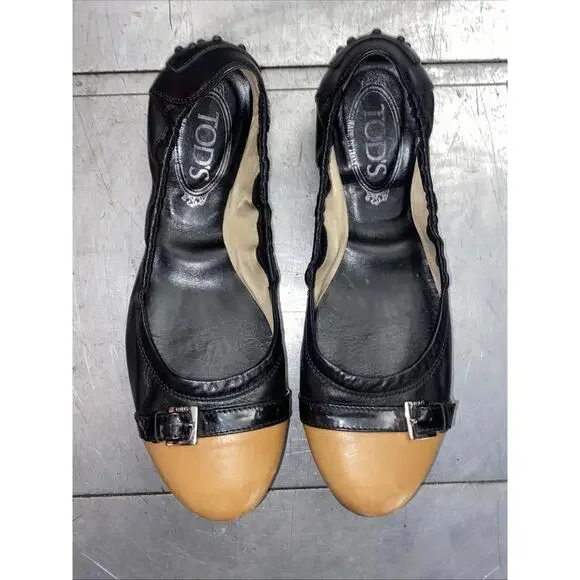 Tods Black & Tan Two Tone Patent Leather Ballet Flats Slip On Size 38.5 Womens - Picture 4 of 9